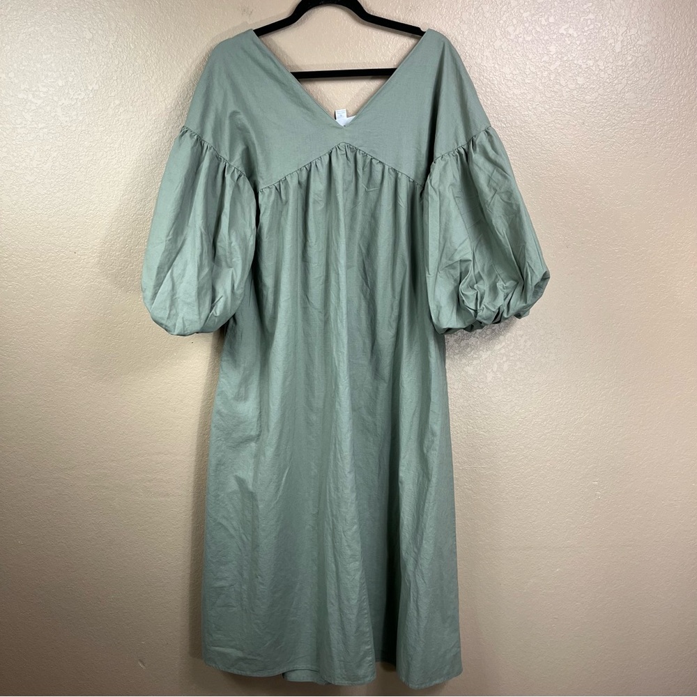 Anthro Oversized Mare Mare Puff Sleeve Tie Front Midi Dress NWOT - Picture 5 of 11